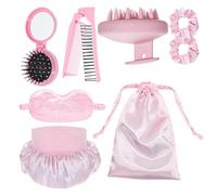 Juego de 8 piezas esenciales para el cuidado del cabello para mujer, incluye gorros de ducha transpirables de seda para dormir, peine portátil, cepillo de masaje para el cuero cabelludo, toalla de