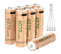 Juego de 8 Pilas AA de Litio 4070 mWh, 1,5 V, con Cable de Carga USB C 5V/2A de 1 a 4, Gran Potencia para mandos de Juegos, cerraduras de Puertas Inteligentes, cámaras de vigilancia