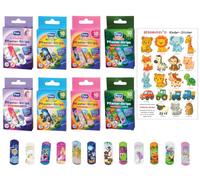 Juego de 80 tiritas infantiles FIGO, 12 diseños y gratuitos: pegatinas Bergmann®, para niñas y niños, clínicamente probados, resistentes al agua, tiritas, pegatinas de colores