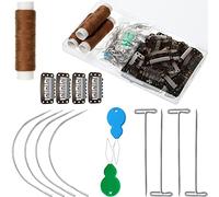 Juego de 85 piezas para hacer extensiones de cabello con 50 clips en forma de U, 10 agujas curvas, 20 pines en T, 2 enhebradores de aguja, 3 rollos de hilo marrón para hacer extensiones de cabello