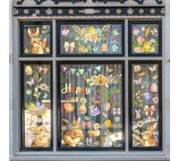 Juego de 9 adhesivos para ventana de Pascua con diseños de flores de conejo, textura dorada elevada, vinilo de PVC, adhesivo estático para superficies de vidrio, decoraciones de primavera y sin