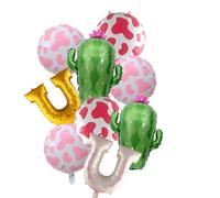 Juego de 9 globos de fiesta vaquera occidental, decoraciones de papel de aluminio con estampado de herradura rosa y vaca con diseño de cactus para cumpleaños, tema de rodeo