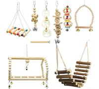 Juego de 9 juguetes de madera para masticar loros con columpio y escalera, accesorios de madera natural para promover comportamientos naturales