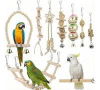 Juego de 9 juguetes para pájaros, periquitos y loros, de madera, con columpio, escalera, campana, para periquitos, pájaros del amor