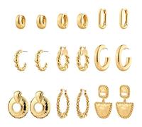 Juego de 9 pares de aretes de aro chapados en oro de 14 quilates para mujer, ligeros, gruesos, abiertos, hipoalergénicos. (aros dorados)