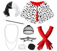 Juego de 9 piezas de Cruella para mujer, peluca negra y blanca, disfraz de diablo, con peluca, máscara, cadenas de perlas, pulseras, guantes, bufanda, barra de cigarrillos, medias de red para