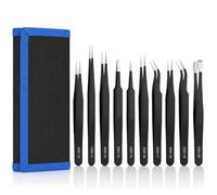 Juego de 9 Pinzas de Precisión ESD de Acero Inoxidable, Tweezers Antistáticas, Puntas Finas para Electrónica, Soldadura, Laboratorio, Joyería y Modelismo, con Funda de Lona
