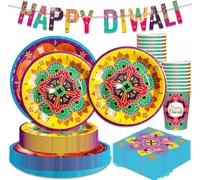 Juego de 97 piezas de decoración de mesa Happy Diwali para 24 invitados, festival de luces, juego de vajilla tradicional india para Diwali Deepavali Diyas Supplies