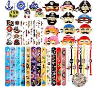 Juego de 98 recuerdos para fiestas de piratas, para niños, piratas, juego de juguetes con máscaras piratas, pulseras, llaveros, tatuajes luminosos para fiestas de cumpleaños, decoración