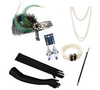 Juego de accesorios de 6 piezas de los años 20 Great Gatsby, cinta para la cabeza, guantes largos y negros, cadena de perlas de punta de cigarrillo, pulsera de perlas y pendientes de piedras