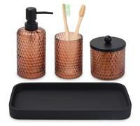 Juego de accesorios de baño, 4 piezas de accesorios de baño de vidrio ámbar, dispensador de jabón de loción, soporte para cepillo de dientes, dispensador de soporte Qtip y bandeja de tocador de resina