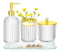 Juego de Accesorios de baño, 4 Piezas de Accesorios de baño de Vidrio Transparente y Dorado, con dispensador de jabón de loción, Soporte para Cepillo de Dientes, Tarro de boticario, Bandeja de