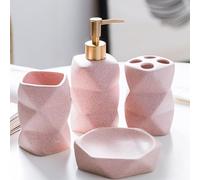 Juego de accesorios de baño, 4 piezas de accesorios de baño rosados, dispensador de jabón, jabonera, soporte para cepillo de dientes y vaso, decoración moderna de baño, inauguración de la casa
