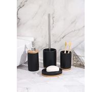 Juego de Accesorios de Baño, 4 Piezas, Negro y Bambú, Incluye Dispensador de Jabón, Portacepillos, Portaescobilla y Jabonera