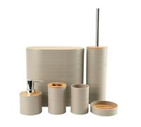Juego de Accesorios de Baño 6 Piezas Plástico y Bambú Moderno de Artículos Esenciales para el Baño, Incluye Soporte para Cepillo de Dientes, Cubo de Basura, Escobilla y Dispensador de Jabón (Beige)