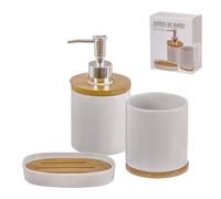Juego De Accesorios de Baño Cerámica Bambú, Set de 3 Piezas para el Cuarto de baño, Dispensador de jabón, Vaso para Cepillos y Bandeja jabón