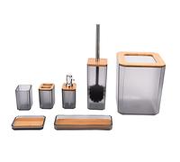 Juego de Accesorios de baño de bambú, 7 Piezas: Kit de baño con jabonera, portacepillos de Dientes, Vaso, Cepillo de Inodoro, Cubo de Basura y Bandeja; diseño en bambú y Resina ABS (Gris)