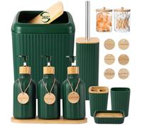 Juego de accesorios de baño de color verde oscuro, 17 piezas, con bote de basura, 3 dispensadores de jabón de loción, soporte para cepillo de dientes, jabonera, vaso, 6 etiquetas de madera, accesorios