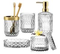 Juego de accesorios de baño de cristal, 5 piezas de accesorios de baño transparentes de dispensador de loción, jabonera, soporte para cepillo de dientes, vaso, tarros de hisopo de algodón, regalo de
