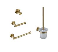 Juego de accesorios de baño de oro cepillado - Toallero de latón moleteado con gancho para bata, soporte de papel, anillo de toalla y cepillo de inodoro - Accesorios elegantes para el hogar para baños
