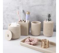 Juego de Accesorios de baño de Resina Beige, 5 Piezas, dispensador de jabón de loción, Soporte para Cepillo de Dientes, Vaso de baño, Tarro de hisopo de algodón y Bandeja Multifuncional, Accesorio