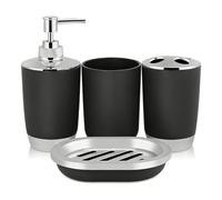 Juego de Accesorios de baño, dispensador de jabón de plástico de 4 Piezas y Soporte para Cepillo de Dientes, jabonera y Taza de Enjuague bucal, decoración de baño Boho (Negra)
