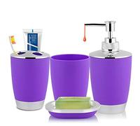 Juego de Accesorios de baño, dispensador de jabón de plástico de 4 Piezas y Soporte para Cepillo de Dientes, jabonera y Taza de Enjuague bucal, decoración de baño Boho (Púrpura)