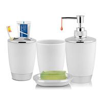 Juego de Accesorios de baño, dispensador de jabón de plástico de 4 Piezas y Soporte para Cepillo de Dientes, jabonera y Taza de Enjuague bucal, decoración de baño Boho (Blanca)