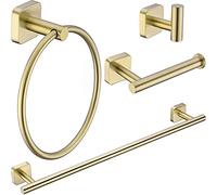Juego de Accesorios de baño en Oro de 4 Piezas de Acero Inoxidable para Toalla de baño, toallero, Soporte para Rollo de Papel y Gancho para Abrigo, Serie Litri, latón Cepillado