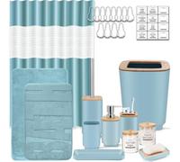 Juego de Accesorios de baño, Juego de baño Azul, Juego de Accesorios de baño de 24 Piezas con Cortina de Ducha, Cubo de Basura para Accesorios de baño, decoración y Regalos para el hogar