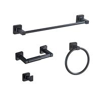 Juego de accesorios de baño negro mate de 4 piezas, juego de toallero de acero inoxidable montado en la pared, incluye barra de toalla de mano de 16 pulgadas, anillo de toalla, ganchos para toallas de