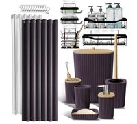 Juego de accesorios de baño y organizador de ducha, 25 piezas con organizador de ducha para almacenamiento de baño, juego de cortina de ducha morado, cepillo de inodoro, cubo de basura, dispensador de