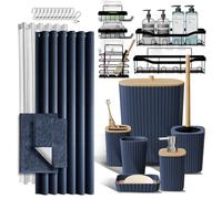 Juego de Accesorios de baño y Organizador de Ducha con alfombras de baño, Juego de Accesorios de baño de 27 Piezas con organizadores de Ducha, alfombras de baño Azul Marino, Juego de Cortina de Ducha