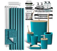 Juego de Accesorios de baño y Organizador de Ducha con alfombras de baño, Juego de Accesorios de baño de 27 Piezas con organizadores de Ducha, alfombras de baño Verde Azulado, Juego de Cortina de