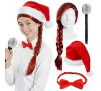 Juego de accesorios de calamidad para niña rebelde para adultos, peluca trenzada roja, sombrero de Papá Noel, pajarita, micrófono, para mujer, para la semana del libro escolar, día mundial del libro