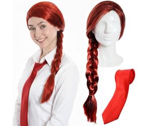 Juego de accesorios de catástrofe para niña rebelde para adultos, peluca trenzada roja y corbata roja, para mujer, para la semana del libro escolar, día mundial del libro, juego de accesorios de