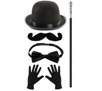 Juego de accesorios de detective de los años 30 para adultos, sombrero de bolos negro, bigote de manillar, pajarita negra, guantes y bastón plateado, disfraz de personaje misterioso de los años 30