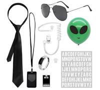 Juego de accesorios de disfraz de agente doble para hombres y mujeres | Kit completo de disfraz para hombre en negro con tarjeta de identificación, auriculares falsos, corbata de cremallera, gafas de