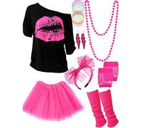 Juego de Accesorios de Disfraz de los Años 1980, Camisetas Tutu Diadema Pendientes Colalr Calentadores de Pierna (Rojo Rosado, XXL)