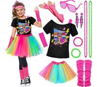 Juego de Accesorios de Disfraz de Los Años 80 para Niña T-Shirt Tutú Venda Arete Collar Pulsera Calientapiernas Guantes Lentes para Niña Fiesta Temática de los 80 10 11 12 13 14 15 16 17 18 Años (S)