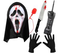 Juego de accesorios de disfraz de máscara de grito sangriento para adultos, máscara de terror con efecto de sangre, cuchillo, guantes y teléfono de juguete, kit de disfraz de Halloween