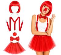 Juego de accesorios de disfraz de payaso rojo para hombre y mujer, 2 variantes con sombrero/peluca, pajarita y tirantes, falda de tutú para carnaval, Halloween y fiesta de circo (variante 2 con peluca