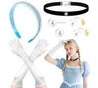 Juego de accesorios de disfraz de princesa azul de 5 piezas, disfraz de Cenicienta niña con diadema, collar, guantes, pendientes y pendientes, disfraz de Cenicienta para mujer, para carnaval