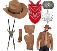 Juego de accesorios de disfraz de vaquero de lujo, kit de disfraz de vaquero occidental con sombrero marrón, bandana, cinturón, hebilla de bolo, corbata, collar, insignia de sheriff para hombre