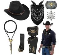Juego de accesorios de disfraz de vaquero de lujo, kit de disfraz de vaquero occidental con sombrero marrón, bandana, cinturón, hebilla de bolo, corbata, collar, insignia de sheriff para hombre