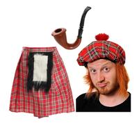 Juego de accesorios de disfraz escocés para adultos, falda escocesa roja con Sporran, sombrero Tam O Shanter a juego y pipa falsa, juego de accesorios para disfraz de noche escocesa Burns para adultos