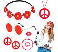 Juego de accesorios de disfraz hippie de 7 piezas para mujer, accesorios de vestir de los 60s y 70s con signo de la paz, pendientes de flores, diadema, pulsera, anillo de gafas de sol, decoración