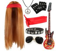 Juego de accesorios de estrella de rock de los años 80 para adultos, peluca larga de jengibre, bandana roja lisa, gafas de sol, guantes, guitarra inflable, brazalete con tachuelas, collar de paz