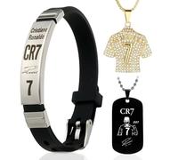 Juego de accesorios de fútbol de 3 piezas con pulsera CR7 negra y 3D dorada, emblema ajustable para aficionados al fútbol y jugadores, pulsera de fútbol, camiseta de fútbol, collar de 7 cadenas de