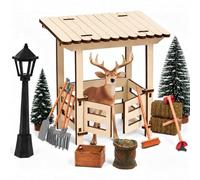 Juego de accesorios de gnomo de Navidad, juego de renos en miniatura para puerta de amigo invisible, con establo de renos, bolas de heno, herramientas de jardín, señales, abetos y linterna, juego de